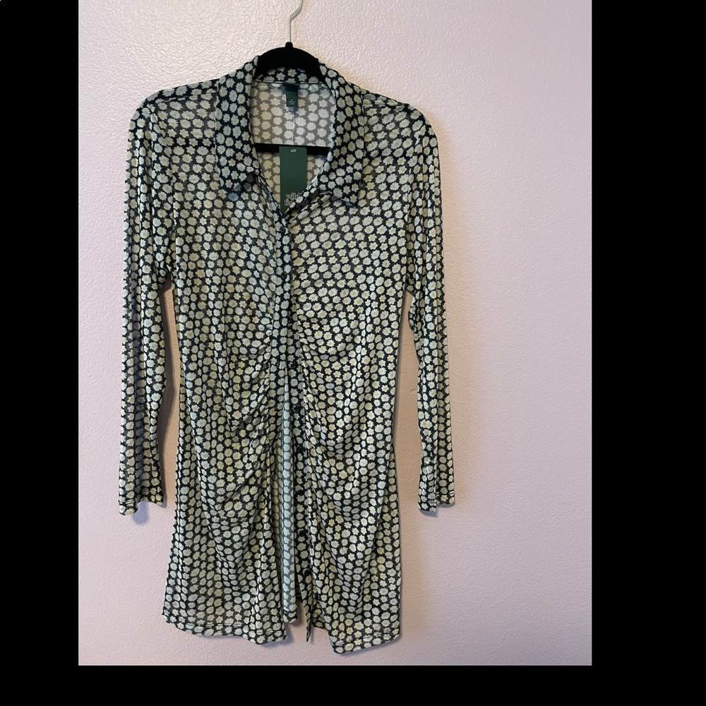 NWT Women's Long Sleeve Button-Front Mesh Dress - Wild Fable Black Floral